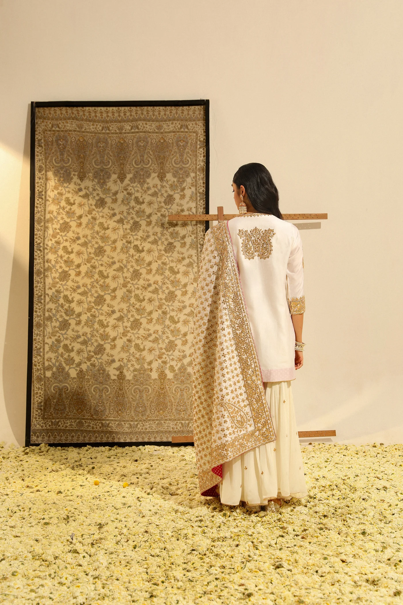Siraj - Daisy Ivory Hand Embroidered Kurta with Garara and Odhni - Image 3