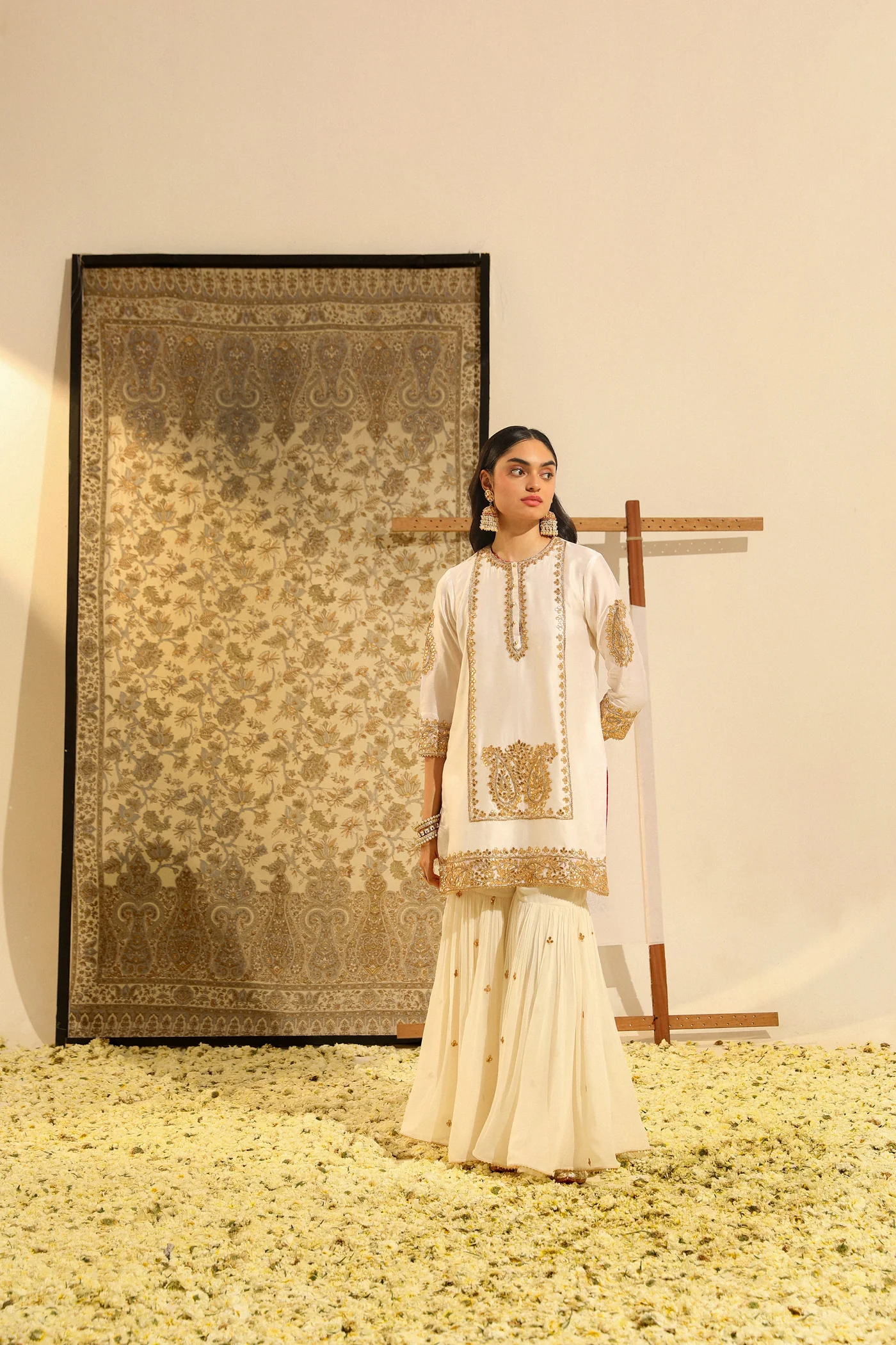 Siraj - Daisy Ivory Hand Embroidered Kurta with Garara and Odhni - Image 4
