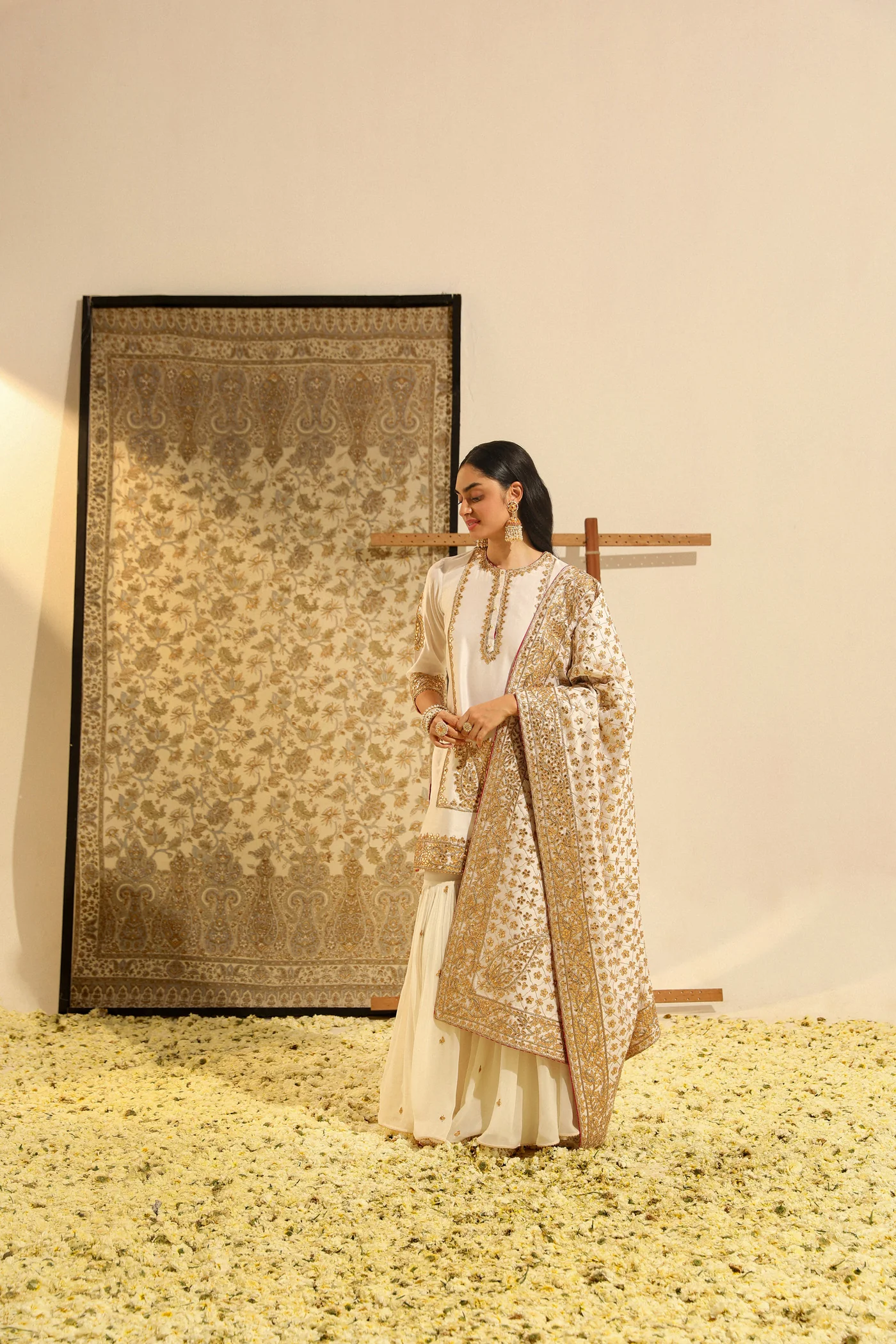 Siraj - Daisy Ivory Hand Embroidered Kurta with Garara and Odhni - Image 5